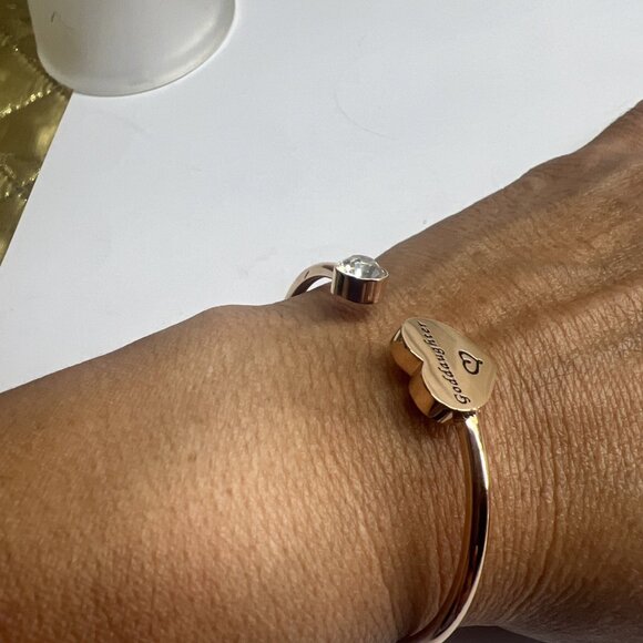 Pink Gold Plated Open Cuff Bangle, Heart Goddaughter Crystal - Picture 6 of 6